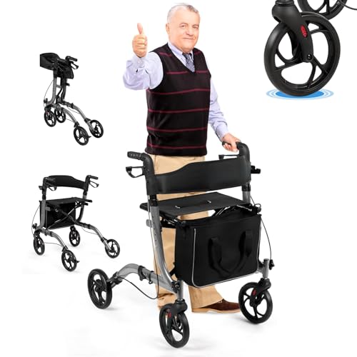 RELAX4LIFE Déambulateur 4 Roues Pliable Léger avec Siège et Dossier Élargis, Déambulateur Léger en Aluminium, Hauteur 82-95 CM, Sac de Rangement, Rollator 4 Roues pour Personnes Agées (Gris)