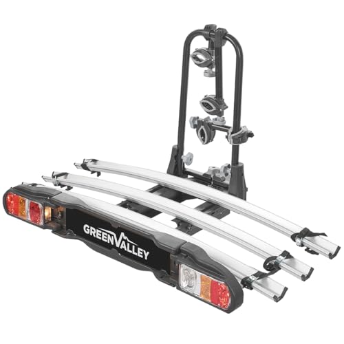 Green Valley Portabici Tilting a Piattaforma su Gancio Traino Auto – 3 Bici Classiche o 2 Elettriche (VAE) – Sistema Basculante Avanzato - 60kg