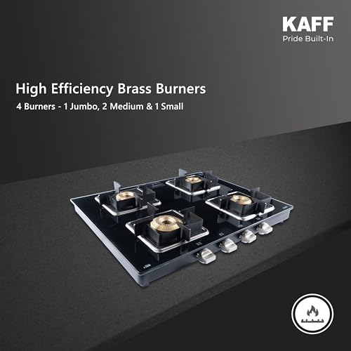 Image of KAFF 4 Burner Gas Stove | 63 cm Toughened Glass Cooktop | High Efficiency Brass Burners | Cast Iron Pan Support | Stainless Steel Drip Tray | Metal Knobs | Black | CTJ634B