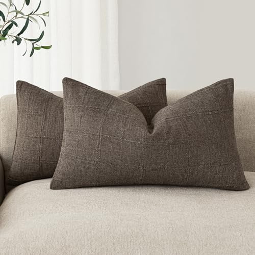 Image of Foindtower Set of 2 Decorative Linen Check Throw Pillow Covers Neutral Farmhouse Lumbar Cushion Covers Modern Boho Home Decor for Sofa Chair Couch Bedroom Living Room,12x20 Inch,Dark Brown