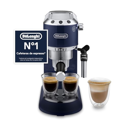 De’Longhi Dedica Style – Perfetto Cafetera Espresso Manual Compacta, Espumador de Leche Manual para Espresso y Cappuccino, Compatible con Monodosis ESE, Panel con Botones, Ancho 15 cm, Azul (EC685.BL)