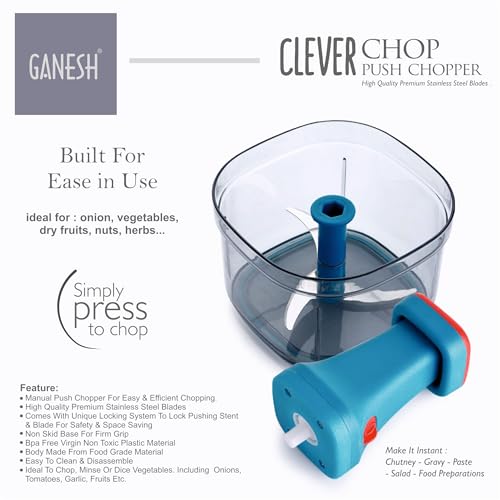 Ganesh Clever Chop Push Chopper Manual Hand Press Push Chopper with 3 Blades for Effortless Chopping Vegetables & Fruits-600ML, Multicolor (Image - 3)
