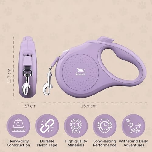 Image of Petology Retractable Dog Leash | 5 Meter (16ft) Nylon Tape | for Dogs Upto 15kgs | Heavy Duty Rope, 360 Tangle-Free, One-Hand Brake & Lock System, Anti-Slip Comfortable Grip