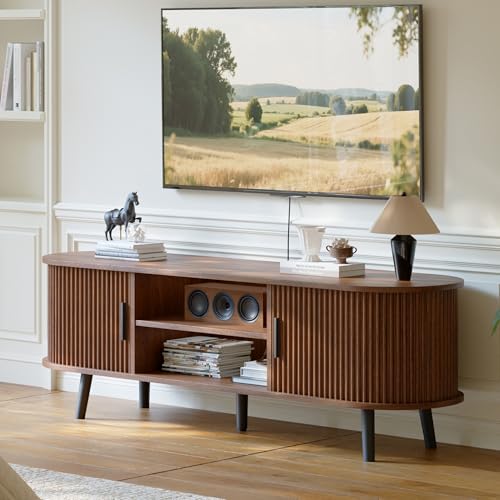 ChooChoo Mid Century Modern TV Stand for TVs up to 60 Inch, Entertainment Center with Fluted Sliding...