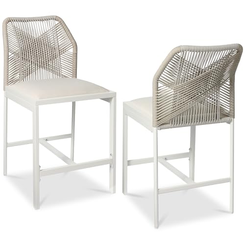 Butacos de altura para barra Best Choice Products, para interior y exterior, sin brazos, con respaldo y reposapiés, cojín integrado, estructura de aluminio - Blanco/Alpine miniatura 1