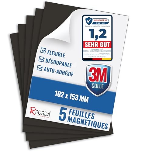 Film Magnétique Autocollant Reorda - Lot de 5 Feuilles Adhésives avec 3M Puissantes - Plaques Découpables pour Réfrigérateur, Tableau, Affiches et...