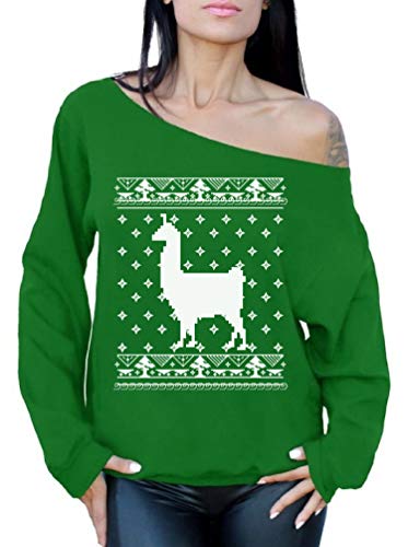 Awkward Styles Funny Llama - Ugly Christmas Sweater For Women - Xmas Off Shoulder Llama Sweatshirt (X-Large, Green) #TOP8