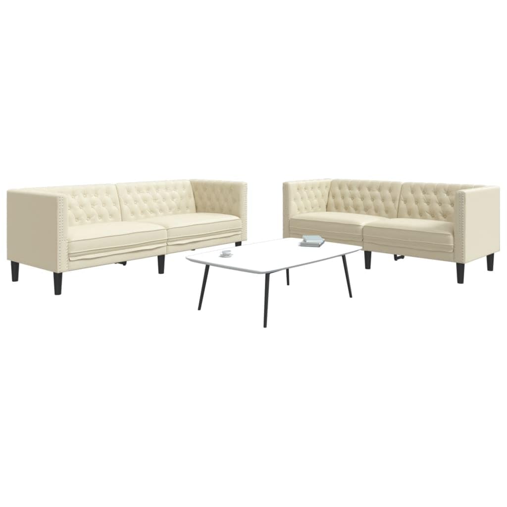 Set di 2 divani Chesterfield, in similpelle color crema, larghezza 174/194 cm, robusto divano imbottito per soggiorno, elegante divano con bottoni
