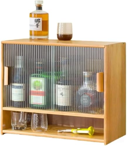 Barino ウォーターカップ収納ボックス ミニ卓上収納食器棚 竹製 キッチンカウンター カップボード 防塵 引き戸 防湿 防虫 大容量 キッチンキャビネット 調味料 お茶碗 小物入れ収納 ひとり暮らし用 簡単組立省スペース (55x28x46cm,木の色