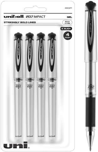 uni-ball 207 Impact Gel Pens, Bold Point (1.0mm), Black, 4 Count