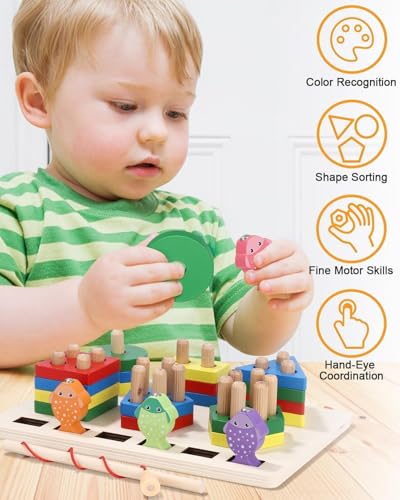 Image of SHINETOY Wooden Fishing Column 2 in 1 6 Sets (Preschool Puzzle Game) Early Montessori Teaching aids 1 to 3 Years Geometric Shape Matching Building Blocks Fishing Game for Kids Education