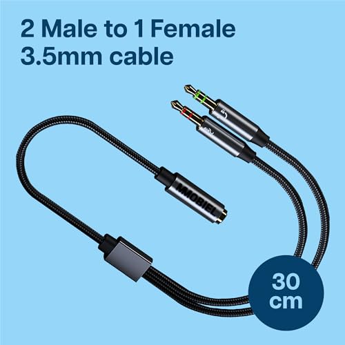 MMOBIEL 3.5mm Headphone Splitter Adapter 1 Female to 2 Male Y Splitter (Audio + Mic) for PC, Laptop, Computer – Mic and Stereo Cable – Gold-Plated, Braided TPE, 30cm (1ft)
