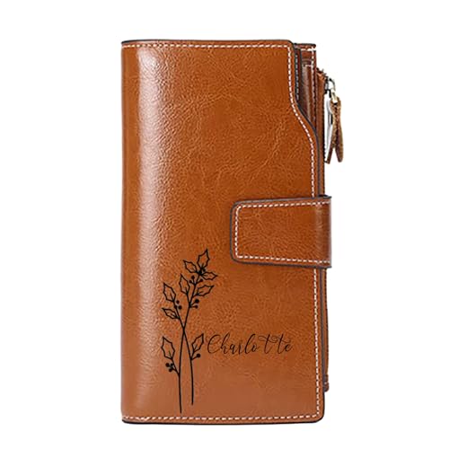 Personalized Engraved Name Wallet,Custom Birth Month Flower Wallet with RFID Blocking Genuine Leather Credit Card Holder Large Capacity for Women(Wax-Brown)