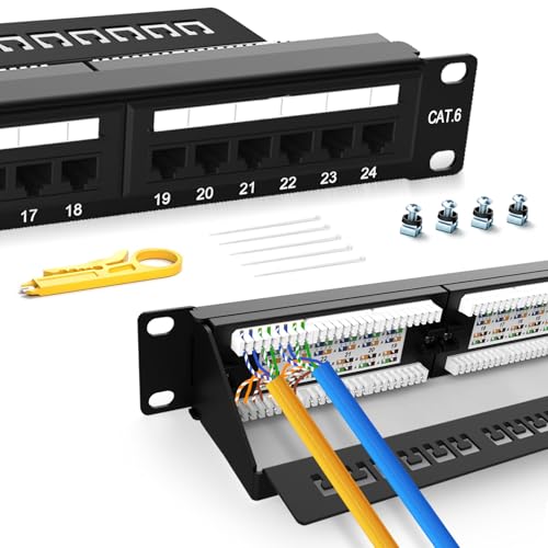 Patch Panel 24 Port Cat6 Rackmount【EC Listed】 1U 19 inch Network Patch Panel RJ45 Patch Panel for 10 Gigabit Network 110 or Krone Impact Tools Compatible (Cat6 24 Port Patch Panel)