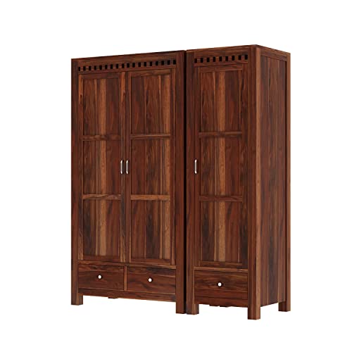 Image of WOODLAB Furniture Sheesham Wood 3 Door Wardrobe Storage with 3 Drawers Wooden Multipurpose Almirah for Home Living Room - Natural Finish