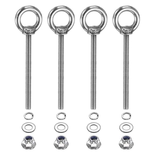 Image of PATIKIL M4 x 50mm Shoulder Eye Bolt, 4 Pcs 304 Stainless Steel Lifting Ring Threaded Eye Bolt with Flange Lock Nuts Spring and Flat Washers for Hanging Tie Down Straps Outdoor Indoor