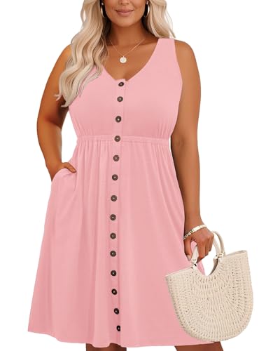 Image of Holipick Women's Plus Size Summer Dresses for Women Casual Dress with Pockets A-Line Swing Button Down Sleeveless V Neck
