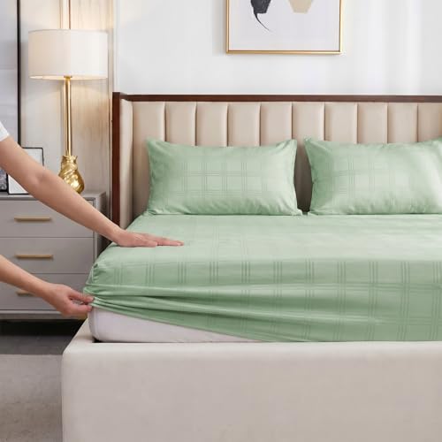 Image of Urban Space 100% Cotton 300TC Jacquard Fitted bedsheets for King Size Bed, Pure Cotton Bedsheet King Bed, Checks Fitted bedsheet King Size with 2 Pillow Covers (72 x 78 Inches, Sage Green Checks)
