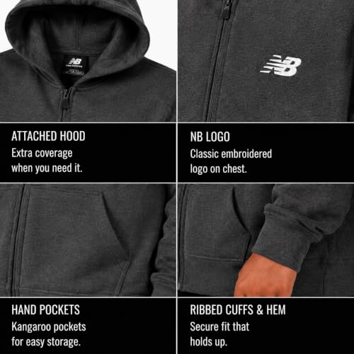 Image of New Balance Boys Zip Up Warm Fleece Hoodie Sweatshirt, Activewear 8-20 | Ribbed Cuffs & Kangaroo Pockets, Full Zip Front Closure, Durable Layer for School, Sports & Weekend Outings