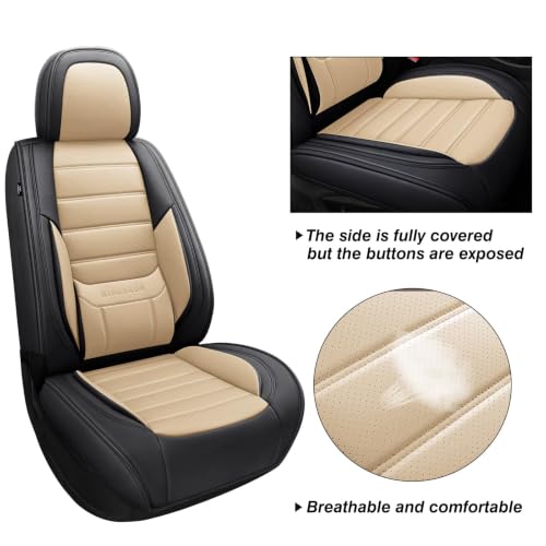 Image of MINGBRON Car Seat Covers Full Set, Brown Car Seat Cover Lumbar Support, Car Seat Protector Waterproof, Nappa Leather Car Seat Cushion, Front Seats and Back Fit for Most Cars Beige
