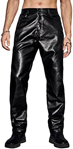 WDIRARA Men's Low Waist Party Club Pu Leather Long Pants with Pockets Black S