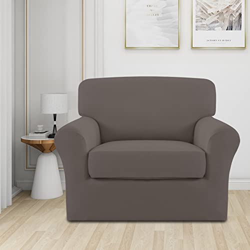Image of Easy-Going 2 Pieces Microfiber Stretch Chair Slipcover - Spandex Soft Fitted Sofa Couch Cover Washable Furniture Protector with Elastic Bottom Kids Pet Taupe | Spandex Soft Fitted Sofa Couch Cover for Living Room Washable Furniture Protector with Elastic Bottom Kids Pet Taupe