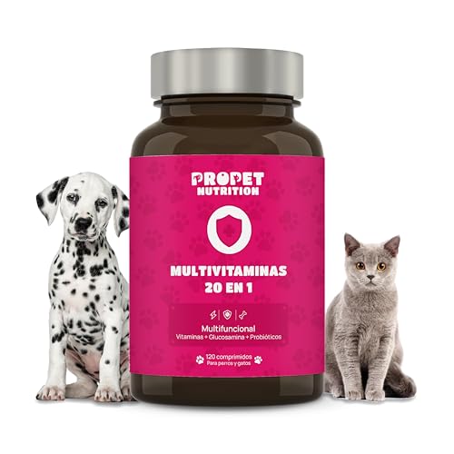 Vitaminas para Perros y Gatos + Probioticos + Glucosamina + Condrotina (20 en 1). Mejora Pelaje, Sistema Inmune y Articulaciones. Vit A, B, C, E, H, Omega 6, Biotina. Alta Concentración. 120 Dosis