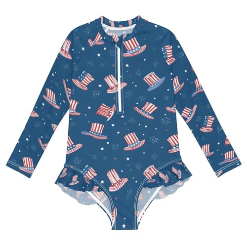 ALAZA American Flag Hat Blue Girls One Piece Swimsuit Long Sleeve Rashguard Swimsuit UV 50+ Swimwear Zip
