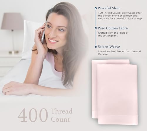 Image of Royale Linens 400 Thread Count 100% American Grown Cotton King Pillowcase Set - Luxury Sateen King Pillow case - 20 inchx40 inch Inch Soft & Smooth Set of 2 Pink Pillowcases - (King, Kyoto Blush)