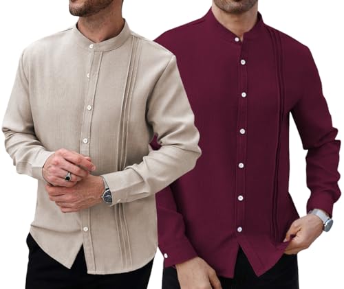 Image of TAGDO Men's Mandarin Collar with Button-Down Shirts | Full Sleeve Linen Casual Shirt for Man | Stylish Summer - Regular Fit Office, Party (2047)