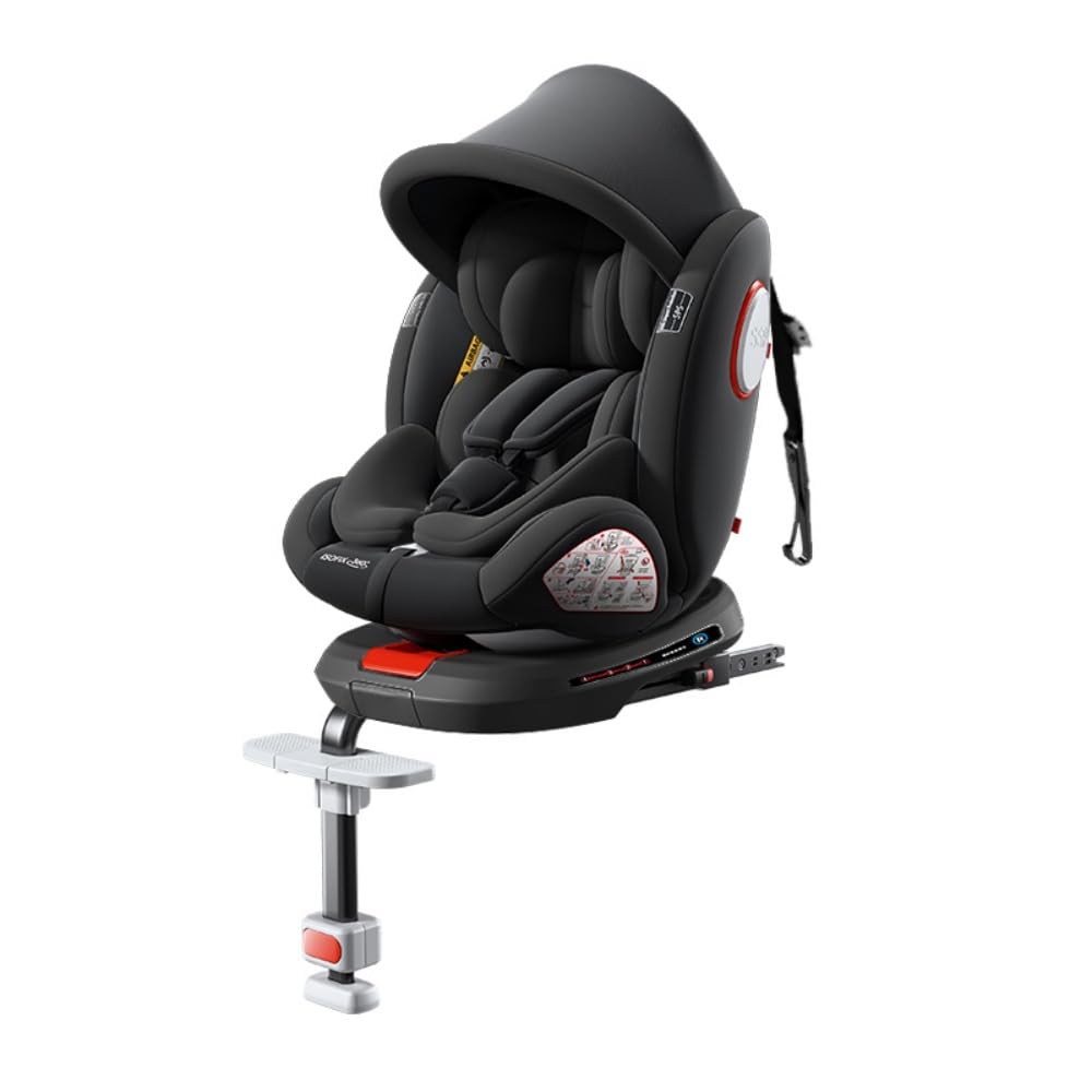 360°Drehbarer Autositz Kindersitz mit Verstellbarer Kopfstütze,Multifunktional Verstellbarer Babysitz mit Abnehmbarem Sitzbezug,Verdeck und Fußstütze,mit Fußstütze(Schwarz - Premium Version)