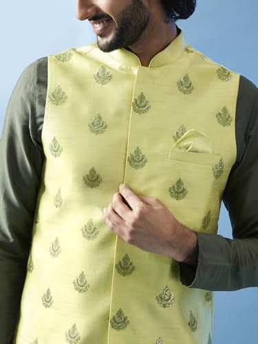 Image of KISAH Men's Kurta Jacket Churidar Set, Sea Green Art Silk, Embroidered Long Sleeves Regular Fit Mandarin Collar