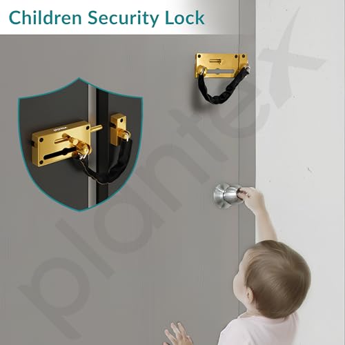 Image of Plantex Door Chain with Baby Latch /Door Chain Lock for Main Door /Latch Lock for Door /Heavy Duty Door Safety Guard Lock for Home, Hotel & Office Security - Pack of 1 (DTK-294-Gold)
