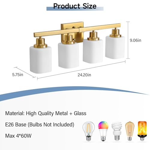 Image of Brushed Gold Bathroom Vanity Light,4-Light Bathroom Light Fixtures with Square Frosted Glass,Gold Bathroom Wall Lamp Sconces for Mirror Bedroom,Living Room Hallway,E26