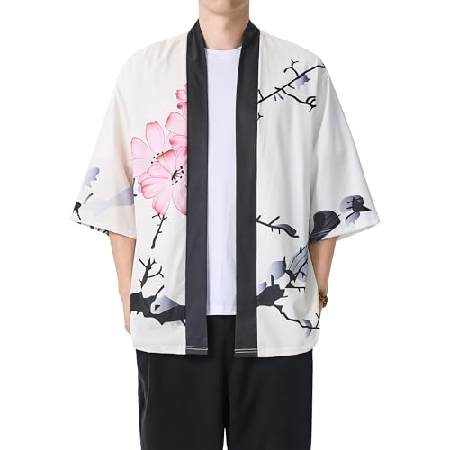 PRIJOUHE Mens Kimono Robe Lightweight Cardigan Bathrobe Casual Open Front Japanese Shirt 3/4 Sleeve Yukata Jacket