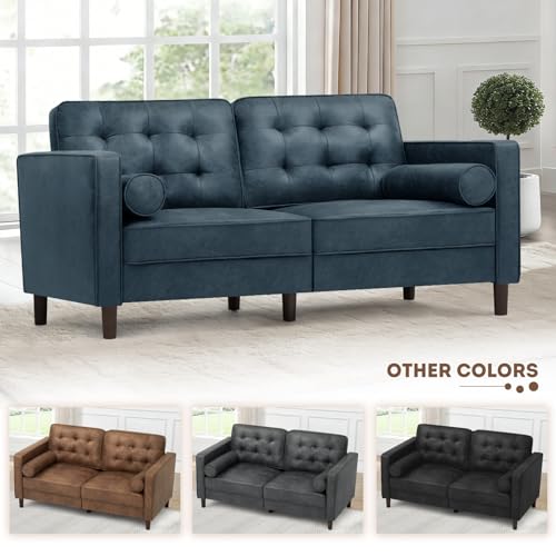 Image of 67 inch Suede Leather 2 Seater Sofa with Two Bolster Pillows, Blue | Tufted Sofa with Wooden Legs, Mordern Couch for Living Room, Office, Apartment