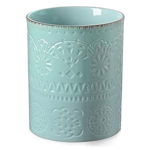 LIFVER Keukengerei Houder, 6,6 ″ Gebruiksvoorwerp Houder voor keukenaanrecht, Boerderij Koken Gebruiksvoorwerp Houder, Keramische Gebruiksvoorwerp Crock voor Keukendecoratie, Tafelbescherming Kurkmat, Zware en Stabiel, Teal Blue