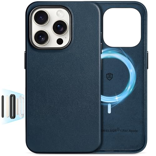 SHIELDON Lederhülle für iPhone 16 Pro Kabelloses Laden Magnet Schutzhülle [Echtleder] [Kamerasteuerung] [Anti-Fingerabdruck] [Leicht] Hüllen Kompatibel mit iPhone 16 Pro 5G 6 3 2024 Marineblau