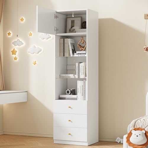 VLIVRA Armario alto con estantes de cristal y cajones, estantería con espacio de almacenamiento abierto, adecuado para salón y dormitorio, color blanco