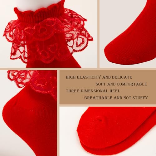 3 Pairs Toddler Girls Ruffle Socks,Cute Frilly Lace Cotton Black White Red School Dress Socks for Girl 1-10 Years3
