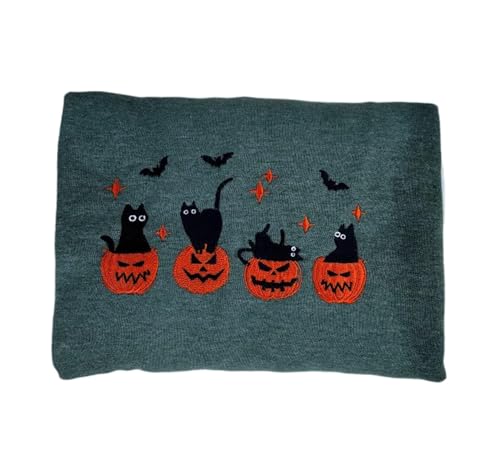 EMBROIDERED Black Cat Sweatshirt – Halloween Pumpkin & Ghost Cat Crewneck – Spooky Fall Sweatshirt for Women & Men – Cat Lover Gift – Cozy Autumn Pullover