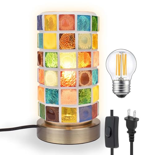 Turkish Mosaic Colored Glass Bedside Table Lamp for Bedroom, Bohemian Small Nightstand Lamp Night Light, Metal Base Round Stained Glass Shade Desk Lamp for Living Room Restaurant Bar (Bulb Included)