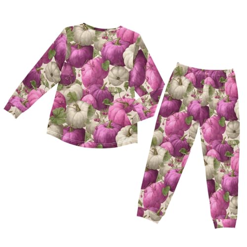 Purple White Pumpkins Fall Soft Pajama Set for All Seasons,Breathable Pjs Long Sleeve Sleepwear,Comfy Loungewear 2 Piece Underwear Set 8T2