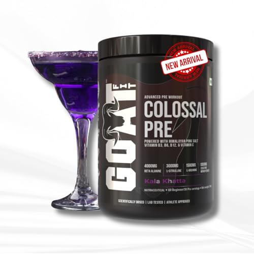 Image of GOAT Fit Colossal Pre | PreWorkout Powder 200mg Caffeine 4g Beta-Alanine 3g Citrulline 1.5g Arginine 1g Creatine with Himalayan Pink Salt (360gm - 30 /60 servings, Kala Khatta)