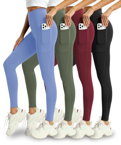 Mlenhor 4 Pack Leggings with Pockets for Women - High Waisted Tummy Control Workout Yoga Pants (US Alpha Large Regular Regular 4 Pack-Light Blue/Green/Burgundy/Black)