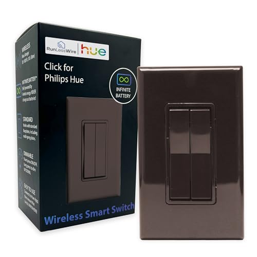 Image of RunLessWire Click for Philips Hue Battery-Free Wireless Smart Switch Brown | Works Natively with Hue Bridge & App, Self-Powered by Kinetic Energy, Mount Anywhere within 30ft Range, Replace Wall Switch