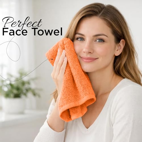 Image of DAN RIVER 12-Pack Premium 100% Cotton Orange Face Towels for Bathroom - Reusable Face Wash Cloths for Showering 12x12 Inches - 550 GSM Super Soft & Absorbent Luxury WashCloths for Body, Spa & Gym