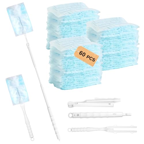 Forbabe 60 Piezas para Swiffer Duster Kit con 1 Mango y 1 Varilla Telescópica, Plumero Atrapapolvo para Limpiar Polvo, Cabello