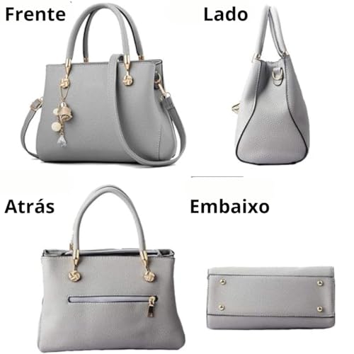 Bolsa Feminina Baú Média Tote Alça De Mão E Transversal (CINZA)