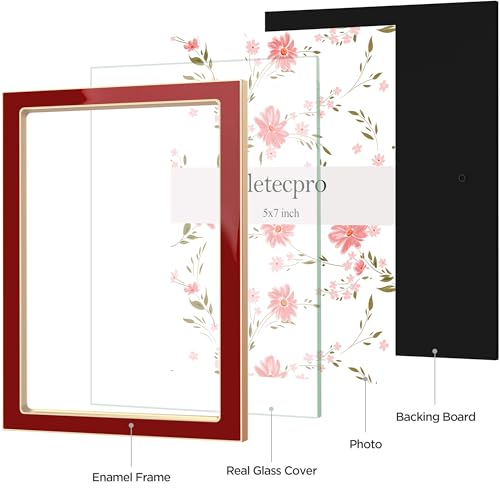 Image of eletecpro 5x7 Enamel Picture Frame with Real Glass Cover, Cute Photo Frame with Gold Metal Edge, Horizontal and Vertical Display Pictures 5 by 7 for Tabletop and Wall Decor, Red, 1 Pack